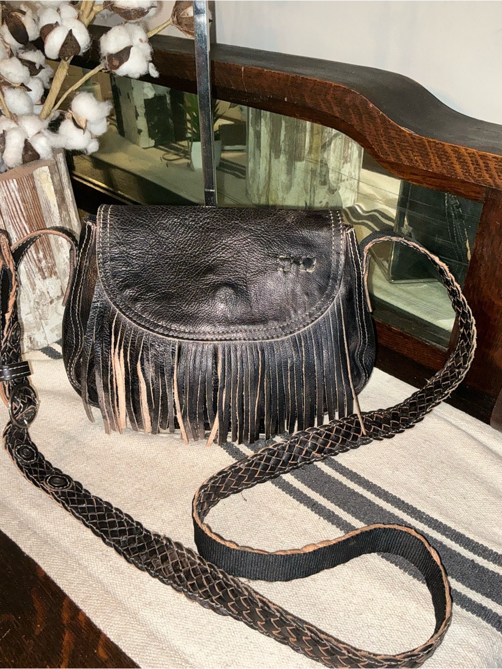 NWOT Bed Stu Leather Eastend Fringe Crossbody Bag Clutch Black Rustic MSRP $165